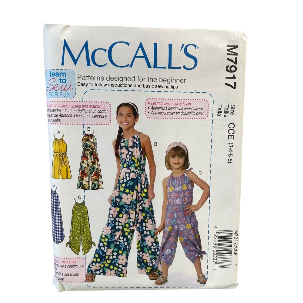 McCALL'S M7917 Children's Girls Romper Jumpsuit Size 3-6 Sewing Pattern UNCUT FF